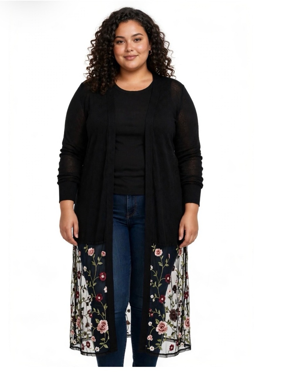 Kim & Cami Black Open-Front Long Cardigan with Floral Embroidered Mesh Hem